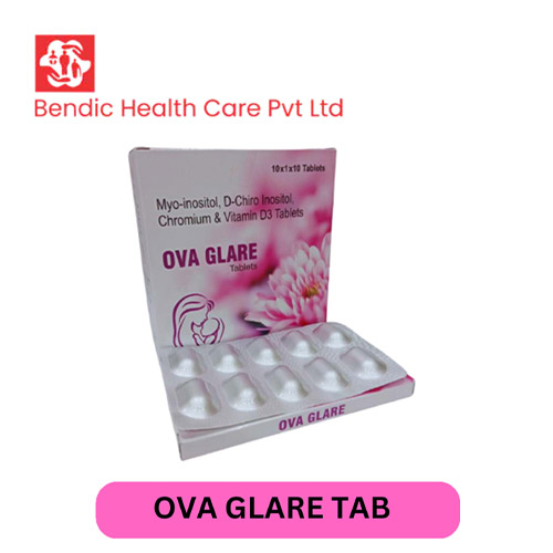 Product Name: OVA GLARE, Compositions of Myo-inositol, D-chiro Inositol Chromium & Vitamin D3 Tablets are Myo-inositol, D-chiro Inositol Chromium & Vitamin D3 Tablets - Bendic Healthcare Private Limited