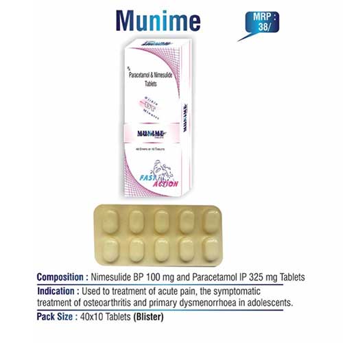 Product Name: Munime, Compositions of Munime are Paracetamol & Nimesulide Tablets - Euphoria India Pharmaceuticals