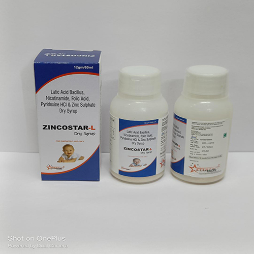 Product Name:  ZINCOSTAR L, Compositions of Latic Acid Bacillus, Nicotinamide, Folic Acid, Pyridoxine HCI & Zinc Sulphate Dry Syrup  are Latic Acid Bacillus, Nicotinamide, Folic Acid, Pyridoxine HCI & Zinc Sulphate Dry Syrup  - Starzac Formulations Private Limited