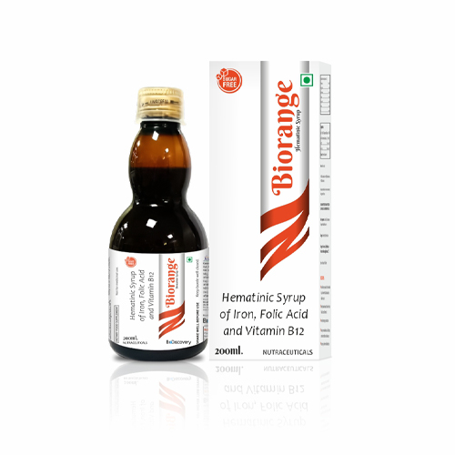 Product Name: Biorange, Compositions of Biorange are Hematinic Syrup of Iron, Folic Acid and Vitamin B12 - Biodiscovery Lifesciences Private Limited