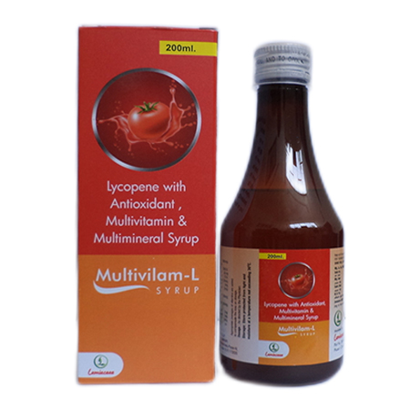 Product Name: Multivilam L, Compositions of Multivilam L are Lycopenec with Antioxidant,Multivitamin & Multimineral Syrup - Lamiaceae HealthCare