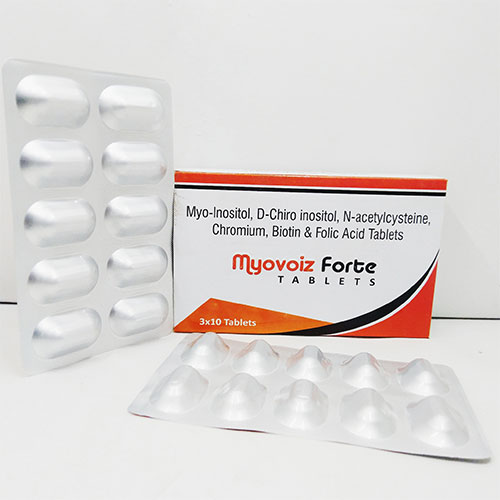 Product Name: Myovoiz Forte, Compositions of Myovoiz Forte are Myo-Inositol 1000 mg+N Acetylcysteine 300 mg + Folic Acid 1.5 mg + L-Arginine 100 mg  - Voizmed Pharma Private Limited