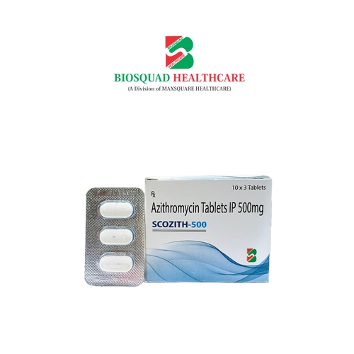 Product Name: SCOZITH 500, Compositions of SCOZITH 500 are Azithromycin Tablets IP 500mg - Biosquad Healthcare