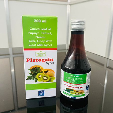 Product Name: Platogain, Compositions of Carico Leaf of Papaya Extract Neem,Tulsi,Giloy With Goat Milk Syrup are Carico Leaf of Papaya Extract Neem,Tulsi,Giloy With Goat Milk Syrup - Gainmed Biotech Private Limited