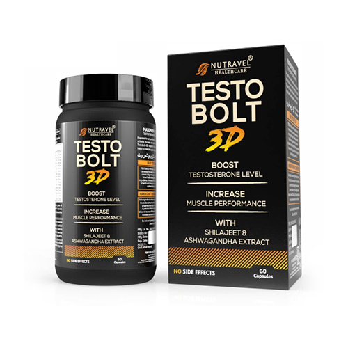 Product Name: TESTO BOLT 3D, Compositions of BOOST TESTOSTERONE LEVEL INCREASE MUSCLE PERFORMANCE WITH SHILAJEET & ASHWAGANDHA EXTRACT are BOOST TESTOSTERONE LEVEL INCREASE MUSCLE PERFORMANCE WITH SHILAJEET & ASHWAGANDHA EXTRACT - Nutravel Healthcare