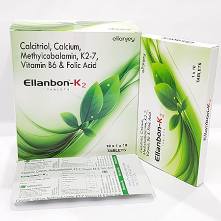 Product Name: Ellanbon k2, Compositions of Ellanbon k2 are Calcitriol, Calcium, Methylcobalamin, K2 7, Vitamin B6 & Folic Acid - Ellanjey Lifesciences