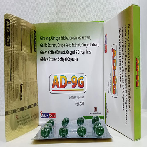 Product Name: AD 9G, Compositions of AD 9G are Ginseng Gingko biloba Green Tea Extract Garlic Extract, Grape Seed Extract, Glabra Extract - Allen Dale Biosciences