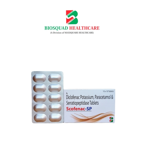 Product Name: SCOFANAC SP, Compositions of SCOFANAC SP are Diclofenac Potassium, Paracetamol & Serratiopeptidase tablets - Biosquad Healthcare