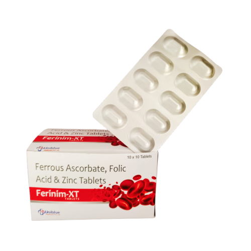 Product Name: Ferinim XT, Compositions of Ferinim XT are Ferrous Ascorbate, Folic Acid & Zinc Tablets - Uniblue Healthcare Private Limited