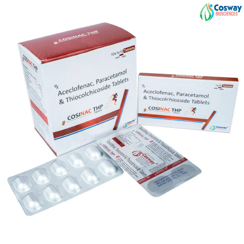 Product Name: COSINAC THP, Compositions of are ACELOFENAC 100 MG + THIOCOLCHICOSIDE 4 MG - Cosway Biosciences