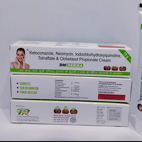 Product Name: DM DERMA , Compositions of Ketoconazole, Neomycin, lodochlorhydroxyquinoline, Tolnaftate & Clobetasol Propionate Cream  are Ketoconazole, Neomycin, lodochlorhydroxyquinoline, Tolnaftate & Clobetasol Propionate Cream  - DM Pharma