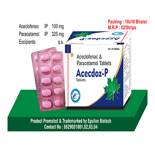 Product Name: Acecdoz P, Compositions of Acecdoz P are Aceclofenac & Paracetamol Tablets - Epsilon Biotech