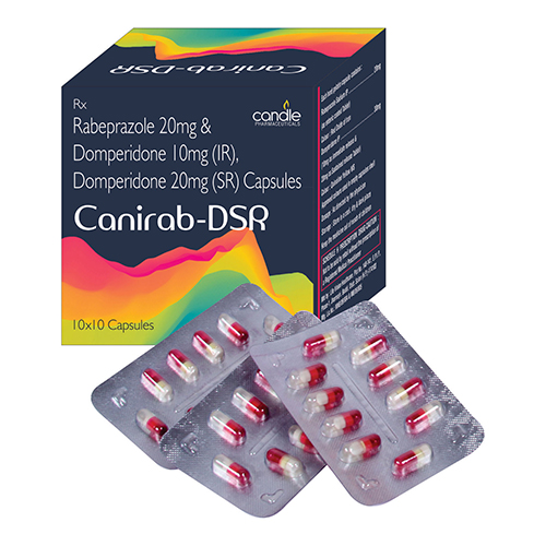 Product Name: Canirab DSR, Compositions of Canirab DSR are Rabeprazole 20mg & Domperidone 10mg (IR), Domperidone 20mg (SR) Capsule - Candle Pharmaceutical