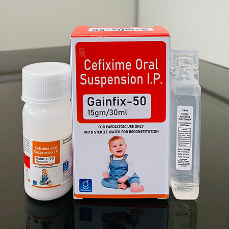 Product Name: Gainfix 50, Compositions of Cefixime Oral Suspension I.P. are Cefixime Oral Suspension I.P. - Gainmed Biotech Private Limited