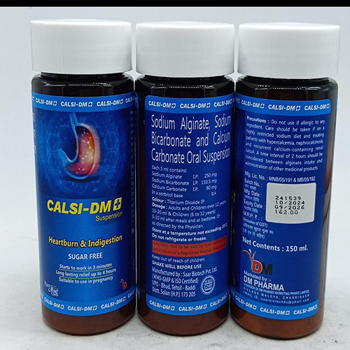 Product Name: CALSI DM +, Compositions of CALSI DM + are Sodium Alginate, Sodium Bicarbonate and Calciu Carbonate Oral Suspension  - DM Pharma