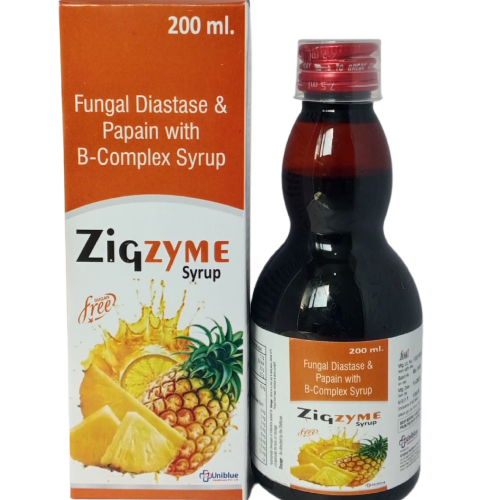 Product Name: ZiqZYME, Compositions of ZiqZYME are Fungal Diastase & Papain with B-Complex Syrup - Uniblue Healthcare Private Limited