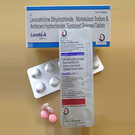 Product Name: Levotiz A, Compositions of Levotiz A are Levocetrizine Dihydrochloride, Montelukast Sodium & Ambroxol Hydrochloride Sustained Release Tablets - Foregen Healthcare Ltd