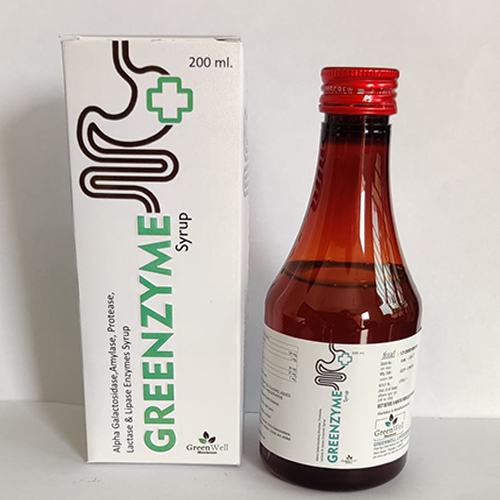 Product Name: Greenzyme, Compositions of Greenzyme are Alpha Galactosidase, Amylase, Protease, Lactase & Lipase Enzymes Syrup - Greenwell Lifesciences