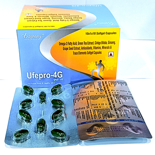 Product Name: Ufepro 4G, Compositions of Ufepro 4G are Omega-3 Fatty acid, Green tea extract, Ginkgo biloba, Ginseng, Grape seed extract, Antioxidants, vitamins, minerals and trace elements - Euphony Healthcare