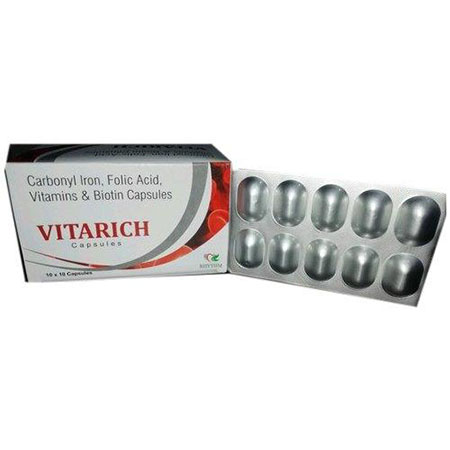 Product Name: Vitarich, Compositions of Vitarich are Carbonyl Iron, Folic Acid, VItamins & BIOtin Capsules - Rhythm Biotech Private Limited