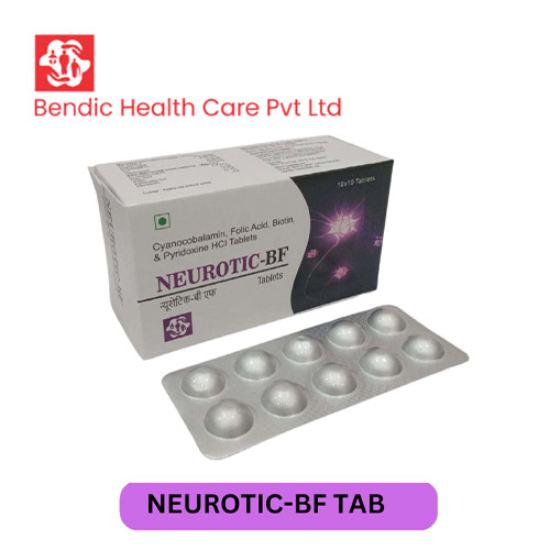 Product Name: NEUROTIC BF, Compositions of Cyanocobalamin,Folic Acid,Biotin & Pyridoxine HCI tablets are Cyanocobalamin,Folic Acid,Biotin & Pyridoxine HCI tablets - Bendic Healthcare Private Limited