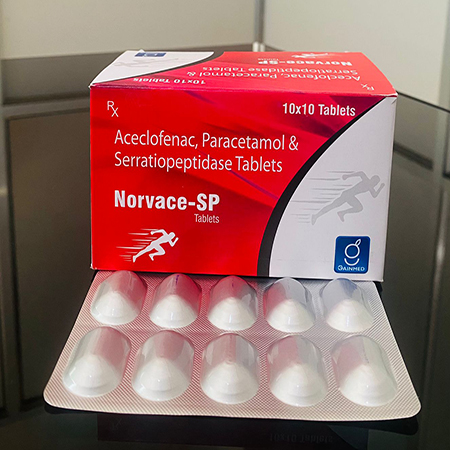 Product Name: Norvace SP, Compositions of Norvace SP are Aceclofenac,Paracetamol  & Serratiopeptidase Tablets - Gainmed Biotech Private Limited