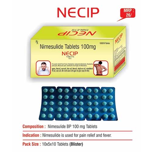 Product Name: Necip, Compositions of Necip are Nimesulide Tablets 100mg - Euphoria India Pharmaceuticals