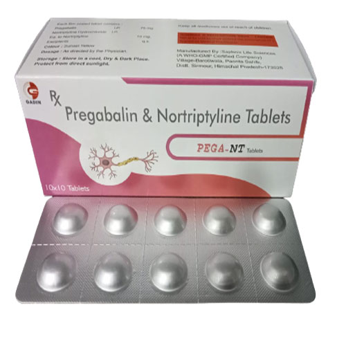 Product Name: PEGA NT, Compositions of PEGA NT are PREGABALINE 75 MG + NORTRIPITILINE 10 MG - Gadin Pharmaceuticals Pvt. Ltd