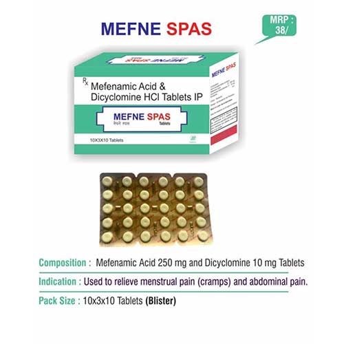 Product Name: Mefne Spas, Compositions of Mefne Spas are Mefenamic Acid & Dicyclomine HCL Tablets IP - Euphoria India Pharmaceuticals