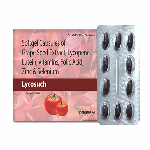 Product Name: lycosuch, Compositions of Softgel Capsules of Grape Seed Extra, Lycopene, Lutein,Vitamins,Folic Acid Zinc & selenium  are Softgel Capsules of Grape Seed Extra, Lycopene, Lutein,Vitamins,Folic Acid Zinc & selenium  - Prosem Healthcare