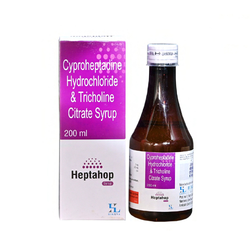 Product Name: Heptahop, Compositions of Heptahop are Cyproheptadine Hydrochloride & Tricholine Citrate Syrup - Hikona Lifesciences