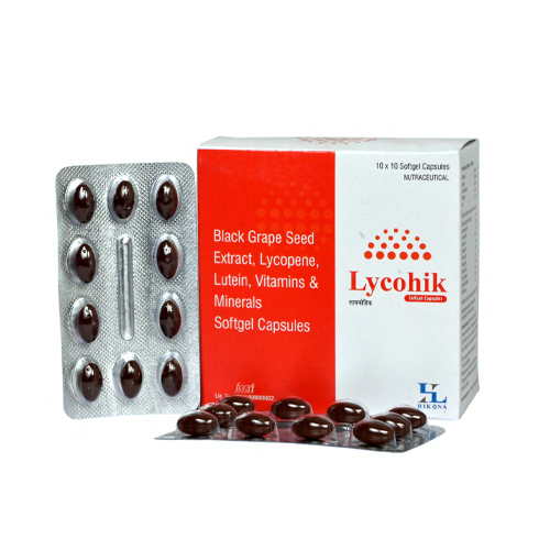 Product Name: Lycohik, Compositions of Lycohik are Black Grape Seed Extract, Lycopene, Lutein, Vitamins & Minerals Softgel Capsules - Hikona Lifesciences