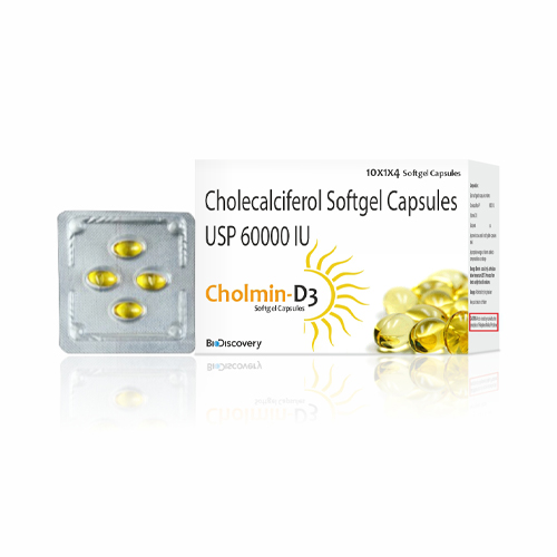 Product Name: Cholmin D3, Compositions of Cholmin D3 are Cholecalciferol Softgel Capsules USP 60000 IU - Biodiscovery Lifesciences Private Limited