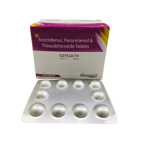 Product Name: OZYCLO T4, Compositions of OZYCLO T4 are Aceclofenac, Paracetamol & Thiocolchicoside Tablets - Zatropha Pharma