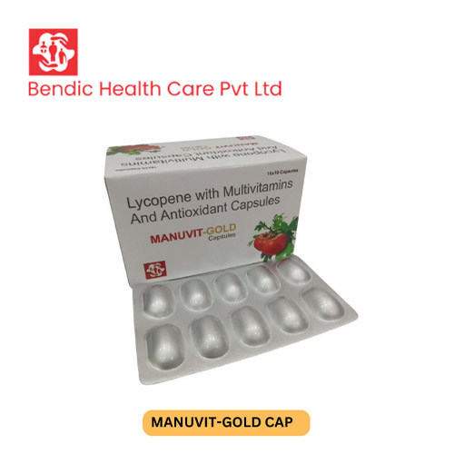 Product Name: MANUVIT GOLD, Compositions of MANUVIT GOLD are Lycopene With Multivitamins And Antioxident Capsules - Bendic Healthcare Private Limited