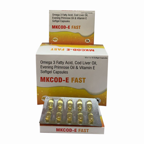 Product Name: MKCOD E FAST, Compositions of MKCOD E FAST are Omega 3 Fatty Acid, Cod Liver Oil, Evening Primrose Oil & Vitamin E Softgel Capsules - MK Healthcare