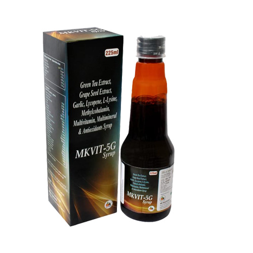 Product Name: MKVIT 5G Syrup, Compositions of MKVIT 5G Syrup are Green Tea Extract, Grape Seed Extract, Garlic, Lycopene, L-Lysine, Methylcobalamin, Multivitamin, Multimineral & Antioxidants Syrup - MK Healthcare