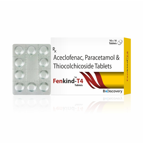 Product Name: Fenkind T4, Compositions of Fenkind T4 are Aceclofenac, Paracetamol & Thiocolchicoside Tablets - Biodiscovery Lifesciences Private Limited