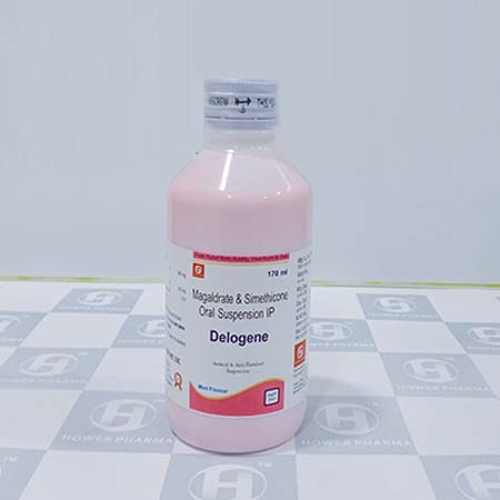 Product Name: Delogene, Compositions of magaldrate and simethicone oral suspension IP are magaldrate and simethicone oral suspension IP - Hower Pharma Private Limited