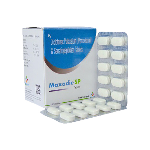 Product Name: Maxodic SP, Compositions of Maxodic SP are Diclofenac Potassium, Paracetamol & Serratiopeptidase Tablets - Zemax Pharma