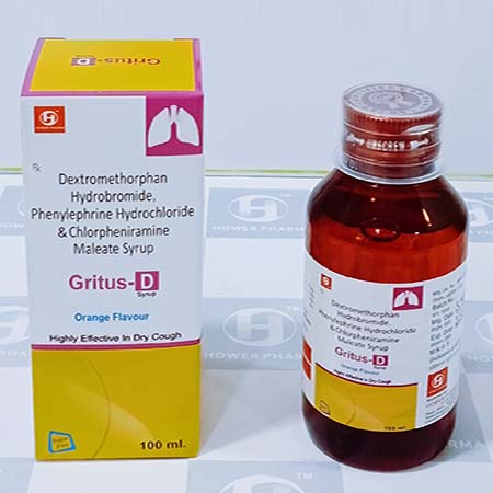 Product Name: Gritus D, Compositions of Dextromethorphan Hydrobromide,Phenylephrin Hydrochloride & Chlorpheniramine Maleate Syrup are Dextromethorphan Hydrobromide,Phenylephrin Hydrochloride & Chlorpheniramine Maleate Syrup - Hower Pharma Private Limited