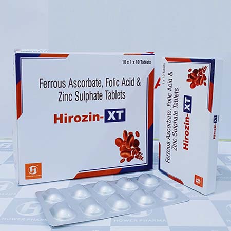 Product Name: Hirozin Xt, Compositions of Ferrous Ascorbate & Folic Acid Zinc Sulphate Tablets are Ferrous Ascorbate & Folic Acid Zinc Sulphate Tablets - Hower Pharma Private Limited