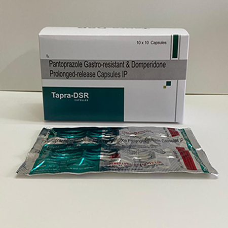 Product Name: TAPRA DSR, Compositions of Pantopraziole Gastro-resistant & Domperidone Prolonged release Capsules IP are Pantopraziole Gastro-resistant & Domperidone Prolonged release Capsules IP - Gemed Lifesciences Pvt. Ltd