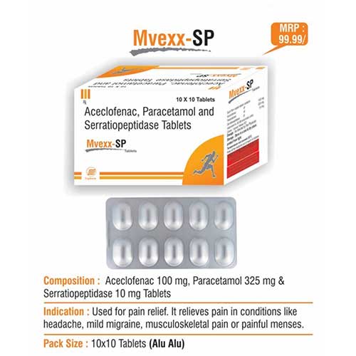 Product Name: Mvexx SP, Compositions of Mvexx SP are Aceclofenac, Paracetamol and Serratiopeptidase Tablets - Euphoria India Pharmaceuticals