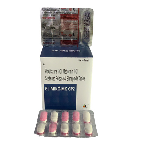 Product Name: GLIMIKO MK GP2, Compositions of GLIMIKO MK GP2 are Pioglitazone HCl, Metformin HCI Sustained Release & Glimepinde Tablets - MK Healthcare