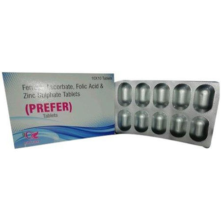 Product Name: Prefer, Compositions of Prefer are Ferrous Ascrobate, Folic Acid & Zinc Tablets - Rhythm Biotech Private Limited