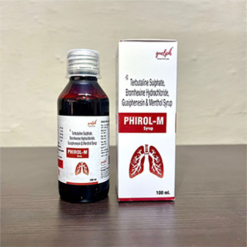 Product Name: Phirol M, Compositions of Terbutaline sulphate Bromhexine hydrochloride Guaiphenesin & Menthol Syrup are Terbutaline sulphate Bromhexine hydrochloride Guaiphenesin & Menthol Syrup - Guelph Healthcare Pvt. Ltd