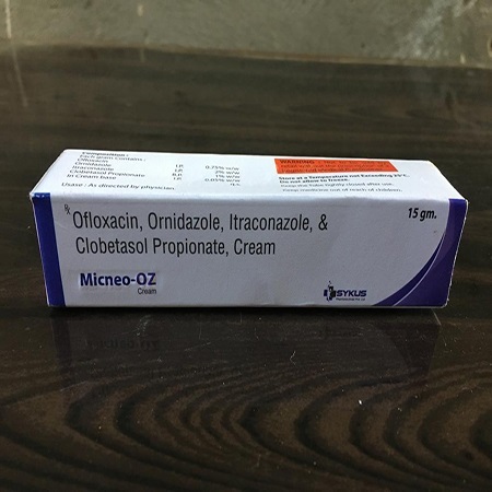 Product Name: Micneo OZ, Compositions of Ofloxacin, Orindazole, Itraconazole and Clobetasol Propionate  Cream. are Ofloxacin, Orindazole, Itraconazole and Clobetasol Propionate  Cream. - Sykus Pharmaceuticals Private Limited