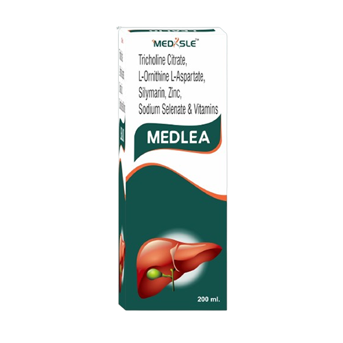 Product Name: MEDLEA, Compositions of MEDLEA are  Tricholine Citrate, L-rnithine L-aspartate, Silmarin, Zinc, Sodium Selenate & Vitamins - Medisle Pharma