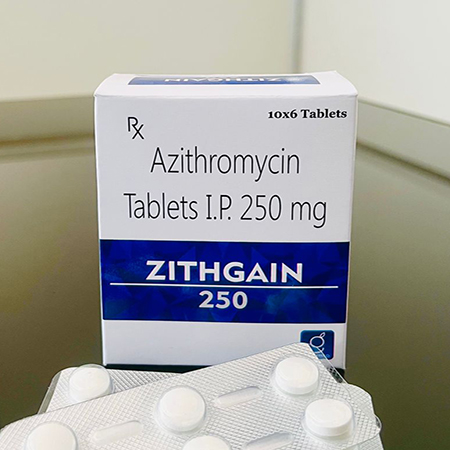 Product Name: Zithgain 250, Compositions of Zithgain 250 are Azithromycin Tablets I.P. 250 mg - Gainmed Biotech Private Limited